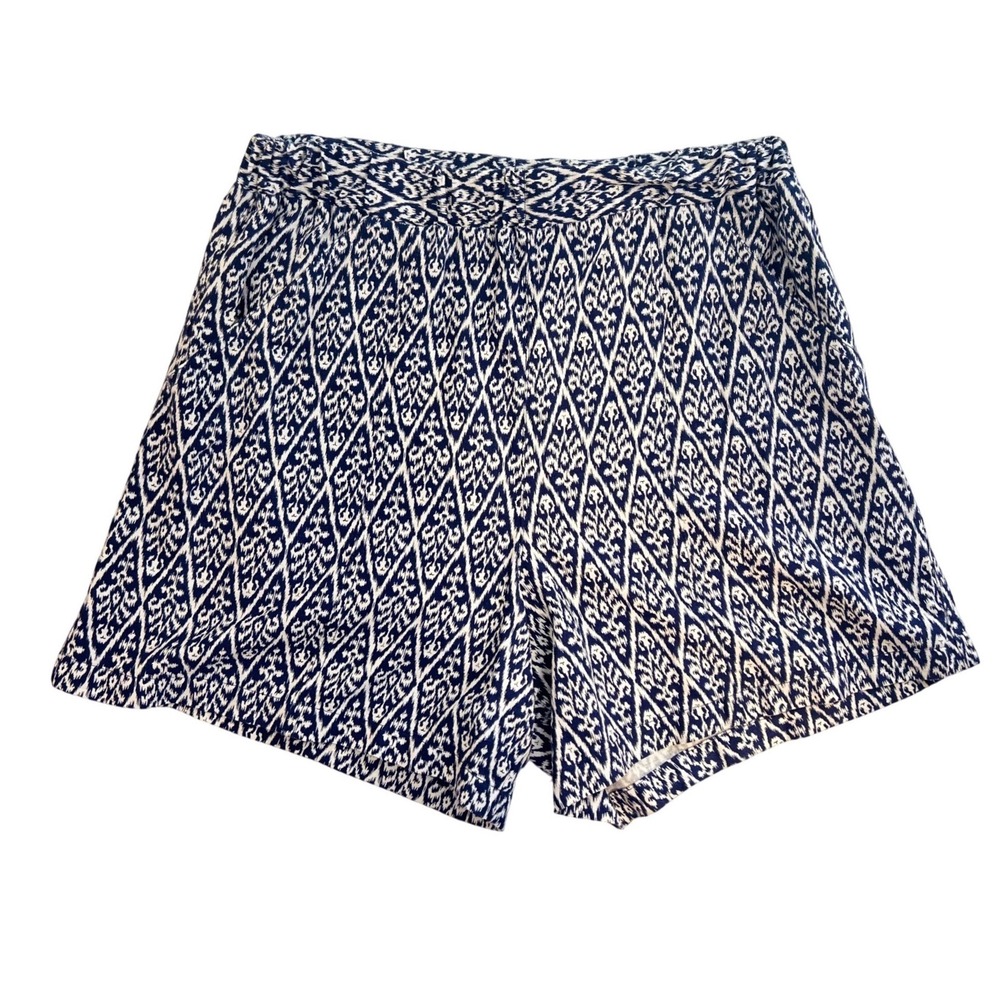 Hester & Orchard Women's Navy White Geometric Print Ikat Linen Blend Shorts Sz L